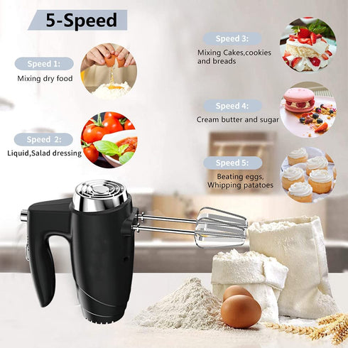 5-Speed 200W Electric Hand Mixer,with Eject Button,4 Stainless Steel Attachments(Beaters and Dough Hooks),for Whipping Cake, Cream,Dough,Cookies,Black