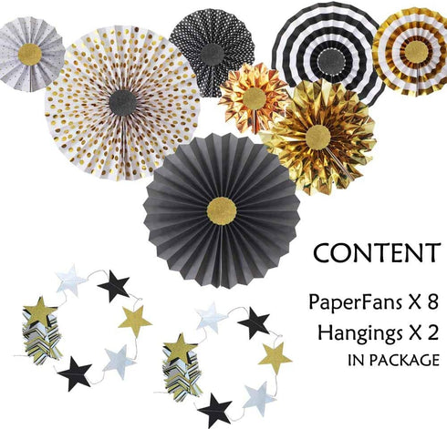 Hola Fiesta | Black Gold Paper Fans Flower and 2 Black-Gold-Silver 7cm Stars Decorations for Celebration Wedding Carnival Happy Birthday Welcome Party,Gold Black Silver