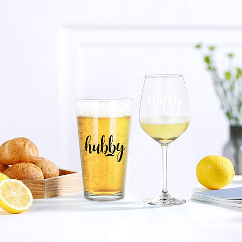 Wifey & Hubby Wine Glass and Beer Glass Set, Novelty Gift for Her Him Husband Wife Newlywed Couple, Perfect Glass Set for Bridal Shower Birthday Valentine™s Day Wedding Engagement Anniversary
