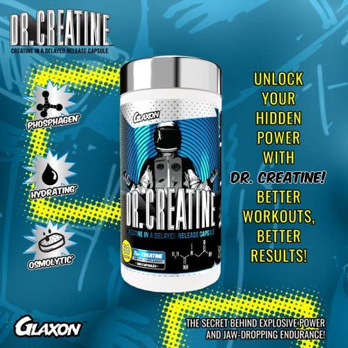 Glaxon Dr. Creatine, Creatine Monohydrate in Delayed Release Capsules, Creatine Pills for Enhanced Performance, Better Absorption, Reduced Stomach Discomfort, 200 Capsules, 50 Servings