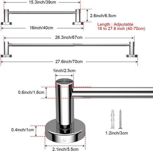 Adjustable 16 to 27.6 Inch Single Towel Bar, iMomwee Chrome Finished SUS304 Stainless Steel Bath Towel Holder, Wall Mounted Towel Rail for Bathroom Kitchen Washroom, 1" Diameter Towel Rod with Hooks