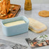 Joyroom Porcelain Large Butter Dish with Lid, Butter Dishes with Covers, Butter keeper, Butter Crock with Wooden Lid for East West Coast Butter, 6 Inch Wide, Letter Collection (Pale Blue)