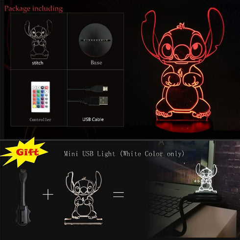Yan-tech Cute Cartoon lilo Stitch 3D Visual Night Light 16 Colors Remote Control Touch Sensor USB Base Charge AA Battery Powered Baby Room Bedroom Table Light Kids Christmas Gift Deco