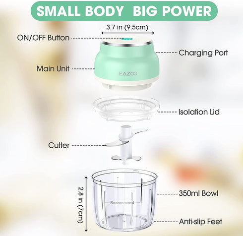 Electric Mini Garlic Chopper, EAZOO Cordless Mini Chopper Food Processor, Portable Small Food Chopper for Garlic Onion Veggie, Dicing, Mincing ( 350ml )