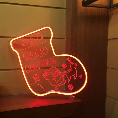 NOXTROND Merry Christmas Sock Festival Neon Light Sign, Red 3D Acrylic Light Up Words LED Lights Sign, USB Powered Dimmable Desk Lamp for Wall Indoor Christmas Party Bar Decoration