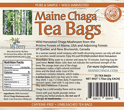 Maine Chaga Tea Bags, Wild Harvested & Pesticide Free, 25 Bleach-Free Bags, Not Imported Chaga, USA Maine & Canadian Grown