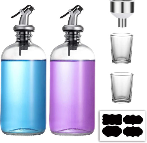 16-Ounce Glass Mouthwash Dispenser - Clear Glass Bottle with Pour Spout, Shot Glass, Funnel and Labels, Refillable Boston Round Bottles - 2 Pack