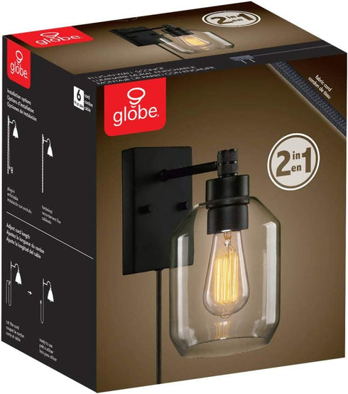 Globe Electric 51551 Middleton 1-Light Plug-in or Hardwire Wall Sconce, Dark Bronze, Clear Glass Shade, 6ft Black Fabric Covered Cord, Inline On/Off Rocker Switch