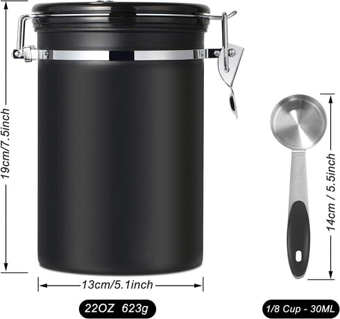 Pitmoly Airtight Coffee Canister, Stainless Steel Coffee Container, Food Storage Containers with Date Tracker and Scoop, Coffee Jar for Coffee Grounds and Beans,22 oz (Black)
