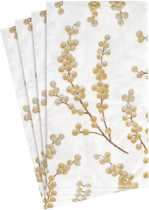 Caspari Berry Branches Paper Guest Towel Napkins in White & Gold - Two Packs of 15