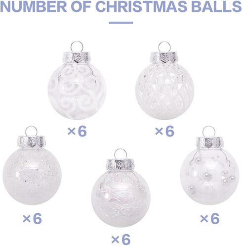 60MM/2.36" Clear Christmas Ornaments Set, 30PCS Shatterproof Decorative Hanging Ball Ornament with Stuffed Delicate Decorations, Xmas Tree Balls for Halloween Holiday Party Thankgivings - White.