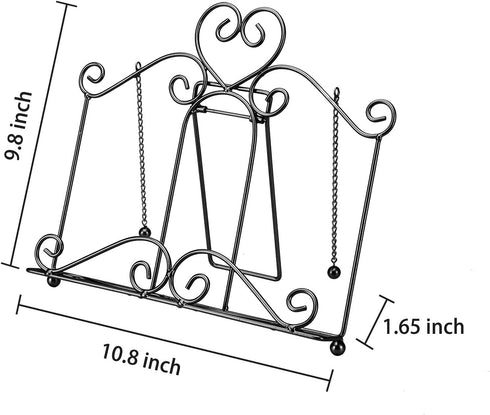 MEGREZ Desk Book Stand, Foldable Metal Recipe Holder, Kitchen Book Stand with 2 Weighted Chains to Fix Pages, Reading Book Rest Holder for Cookbook Music Document Textbook, Black