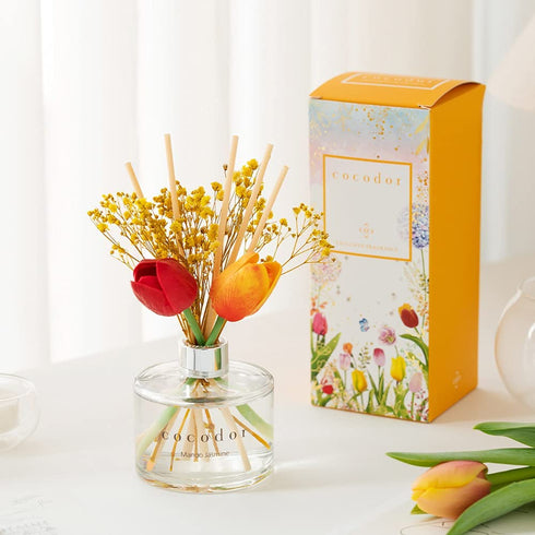 Cocod'or COCODOR Tulip & Preserved Real Flower Reed Diffuser/Floral Bouquet / 6.7oz(200ml) / 1 Pack/Reed Diffuser Set, Oil Diffuser & Reed Diffuser Sticks, Home Decor & Office