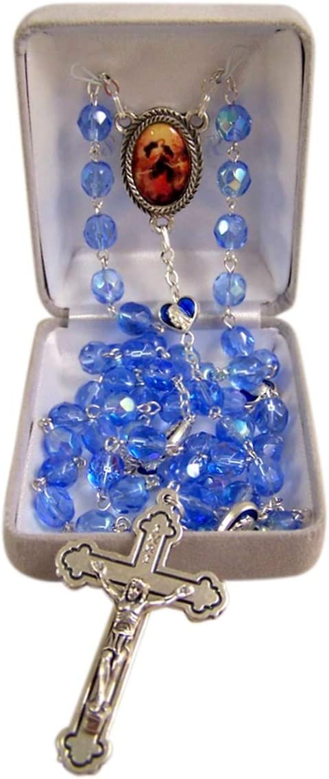 7mm Faceted Blue Plastic Bead Rosary with Silver-Toned Virgin Mary Medals, Lady of Knots Centerpiece and Crucifix, 21 1/4 Inches