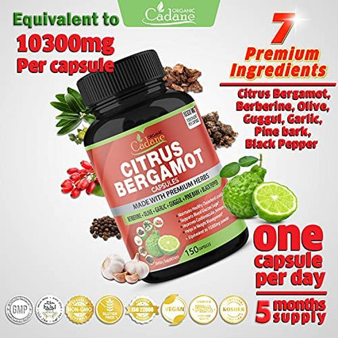 Citrus Bergamot Extract Capsules 10300mg, 150 Caps & Berberine, Olive, Guggul, Garlic, Pine Bark, Black Pepper | Improves Heart and Cardiovascular Health , Supports Immune System, 5 Months Supply