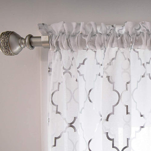 YJ YANJUN Sliver White Sheer Curtains for Bedroom 63 Inch Length - Moroccan Silver Print for Living Room Rod Pocket Window Drapes 52 x 63 Inch, 2 Panels, White Silver
