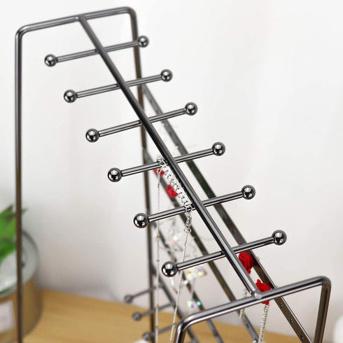 MORIGEM Jewelry Organizer, 5 Tier Jewelry Stand, Decorative Jewelry Holder Display with White Tray for Necklaces, Bracelets, Earrings & Rings, Dark Gray