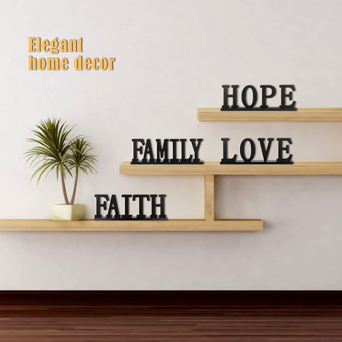 4 Pieces Love Faith Hope Family Wood Word Sign Black Wooden Cutout Letter Table Sign Rustic Letter Tabletop Decorations Freestanding Wood Sign for Home Room Fireplace Table Centerpiece Decoration