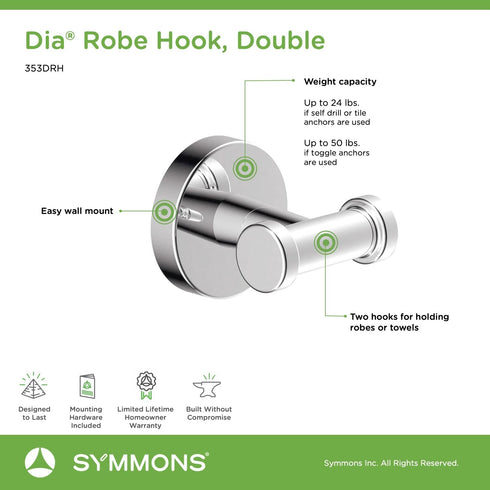 Symmons 353DRH Dia Wall-Mounted Double Robe Hook in Polished Chrome