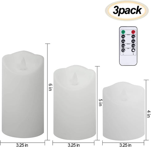Flameless Candles,flameless Battery Candlestick, Battery Remote Control Candles, LED Candles 3 Piece Set 4" 5" 6" H (3.25" D) Flash Flame with Remote Control and timed,Indoor Outdoor Use,White