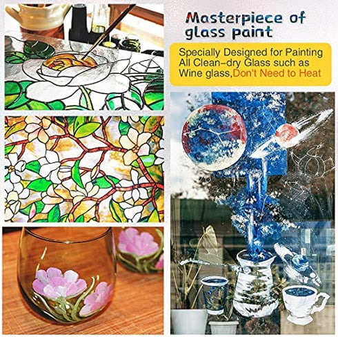 COLORFUL Stain Glass Paint Kit with 12 Colors, 3 Nylon Brushes, 1 Palette, Waterproof Acrylic Enamel Painting Set to Create Translucent Arts on Transparent Wine Glasses, Porcelain, Window and Ceramics