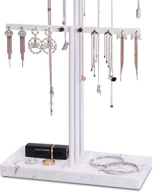 LKKL Jewelry Organizer Stand with Adjustable Extra Long Tier, 3-Tier Jewelry Holder Stand with Resin Tray, Necklace Holder, Jewelry Tree, Jewelry Tower For Earrings, Long Necklaces, Bracelets and Rings- White