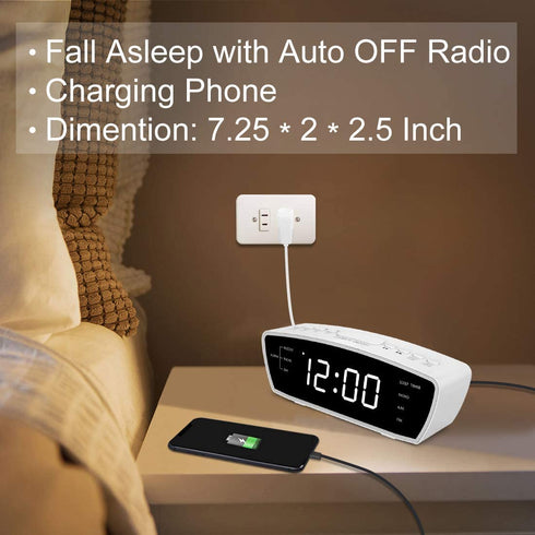 Reacher Simple Alarm Clock Radio with USB Charger Port, FM Radio, Dimmer, 6 Snoozes 9-Minute intervals, Adjustable Alarm Volume for Heavy Sleepers, for Bedrooms (White)