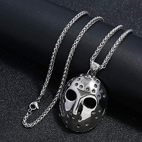 FIZIZDH Men's Stainless Steel Jason's Mask Hollow Openwork Pendant Necklace, 24 inch Keel Link Chain