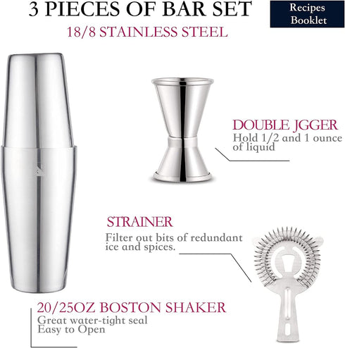 KITESSENSU Cocktail Shaker Set, 4-Piece Boston Shaker Cocktail Set Bartending Kit with 20oz & 25oz Drink Shaker Tins, Hawthorne Strainer, Double Measuring Jigger, Recipes Booklet Included