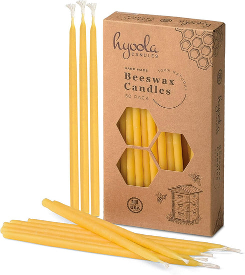 Hyoola Beeswax Birthday Candles 50 Pack - Natural Dripless Decorative Candles with Long Lasting Burn Elegant Taper Design, Soothing Scent 6? Tall Handmade in The USA