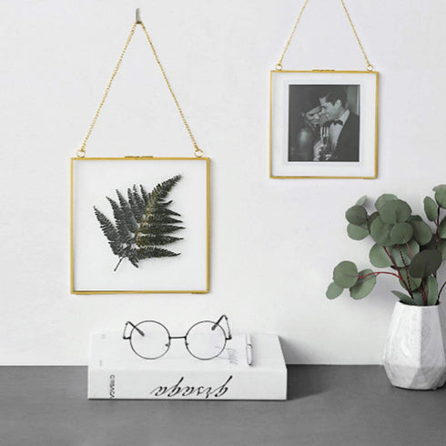 Daisylily 8x8 Inch Brass Hanging Photo Frame, Copper Glass Picture Frames Clip Modern Wall Decor Plant Specimen Artwork Ornament Display Gold Square