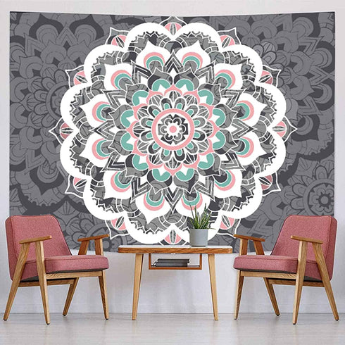Mandala Tapestry + LED String Lights - Gray Bohemian Tapestry, Psychedelic Hippie Tapestry for Bedroom Livingroom (78.7 x 59 inches) Including 20 FT LED String Lights GF041