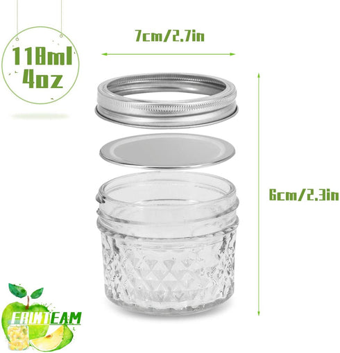 FRUITEAM 4 oz 12 PACK Mini Mason Jars with Lids and Bands, Quilted Crystal Jars Ideal for Food Storage, Jam, Body Butters, Jelly, Wedding Favors, Baby Foods