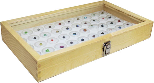 MOOCA Wood Glass Top Jewelry Display Case, Wooden Jewelry Tray for Collectibles, Home Organization Storage Box with White 50 Gem and Bead Storage Jars