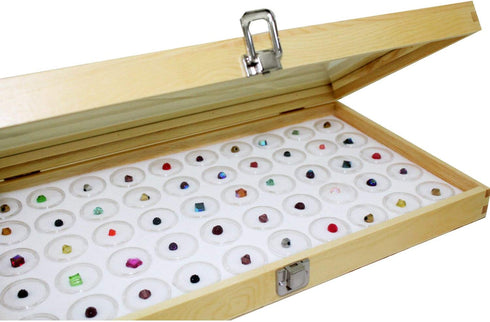 MOOCA Wood Glass Top Jewelry Display Case, Wooden Jewelry Tray for Collectibles, Home Organization Storage Box with White 50 Gem and Bead Storage Jars