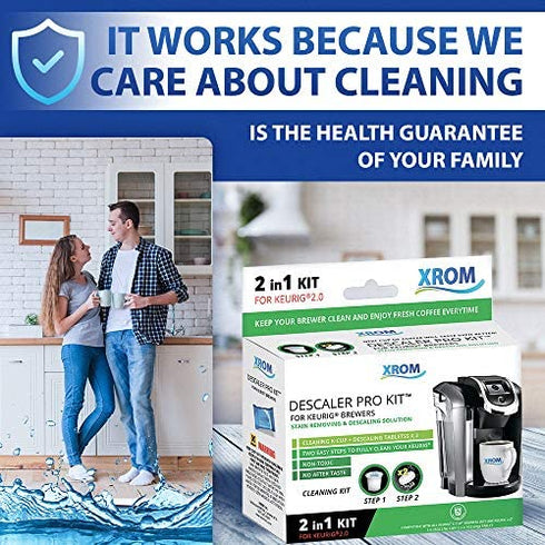 XROM Descaling and Cleaning Kit Compatible With All K-Cup Keurig 2.0 Brewers, All Natural Ingredients, Full Cycle Cleaning And Descaler Solution For Keurig Coffee Makers