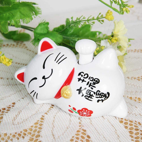 FTVOGUE Solar Powered Maneki Neko Lucky Cat, Fortune Welcoming Waving Arm Paw Up Lazy Lying Wealth Fortune Cat Home Stores Car Feng Shui Decor White(01)