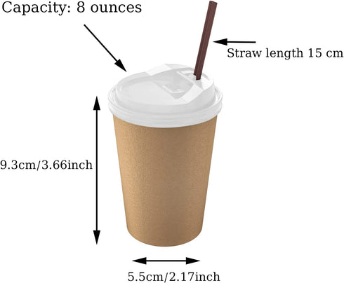 8 oz Disposable Coffee Cups, with White Lids & Straws, for Coffee Beverages and Cold Drinks, 50 Sets.