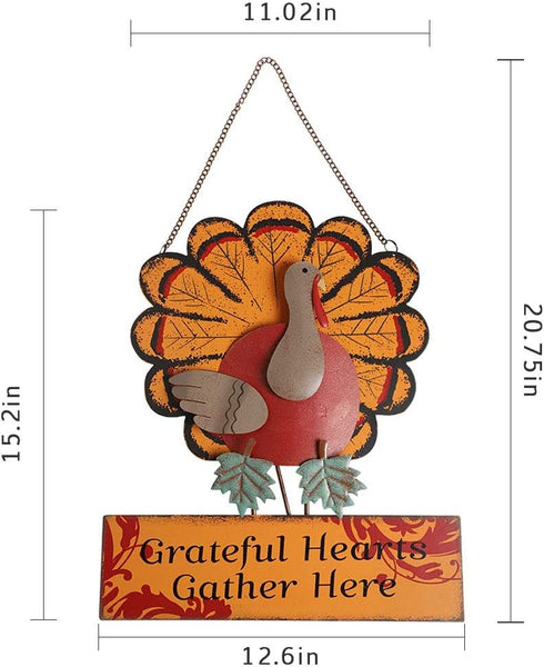 MorTime Thanksgiving Hanging Turkey Wall Decor Welcome Sign, 15" Metal Hanging Turkey Art Door Wall Sculpture, Harvest Turkey Decor for Home Office Thanksgiving Decorations