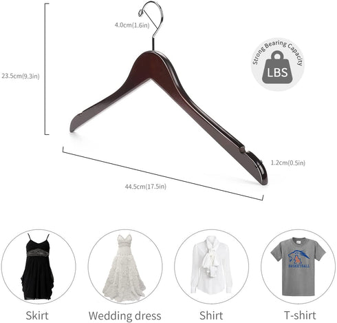Nature Smile Solid Gugertree Wood Shirt and Dress Hangers with Notches with Anti-Rust Chrome Hook Pack of 10 (Walnut)