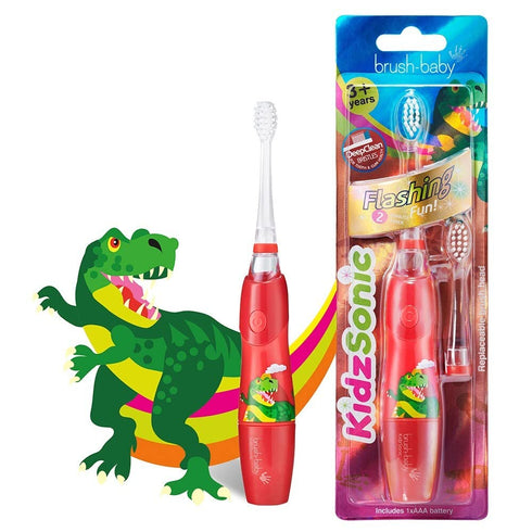 brush-baby KidzSonic Toddler and Kid Electric Toothbrush for Ages 3+ Years - Disco Lights, Gentle Vibration, and Smart Timer Provide a Fun Brushing Experience - 2 Brush Heads Included - Dinosaur