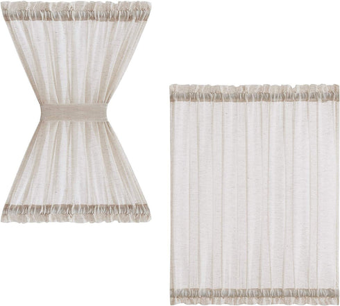 FMFUNCTEX French Door Panel Curtains Window 40" Natural Flax Blend Small Sheer Glass Door Curtain 52" Wide Half Short Curtain with Tiebacks for Patio Glass Doors Set of 2