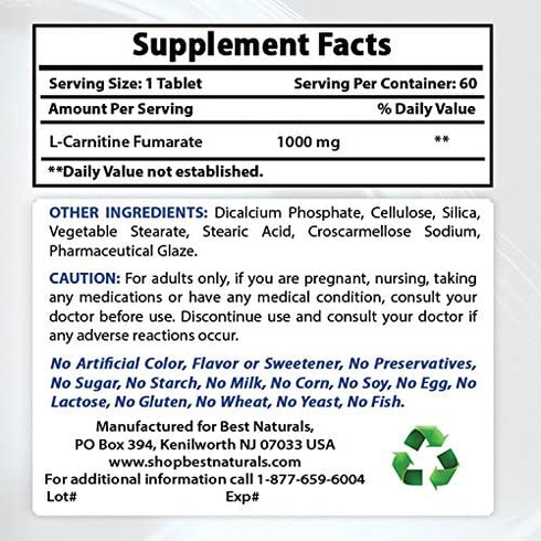 Best Naturals L-Carnitine 1000mg 60 Tablets (60 Count (Pack of 1))