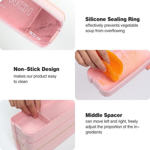 Ozazuco Bento Box Japanese Lunch Box,3-In-1 Compartment - Wheat Straw, Leakproof Eco-Friendly Bento Lunch Box Meal Prep Containers for Kids & Adults?14pcs?pink?