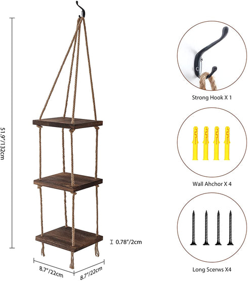 Titanape Hanging Plant Shelf with Jute Rope, 3 Tier Hanging Book Shelves for Kids Room/ Nursery/ Living Room/ Bedroom, Small Bathroom Floating Shelves for Wall Storage, Rustic Wood Shelves for Wall