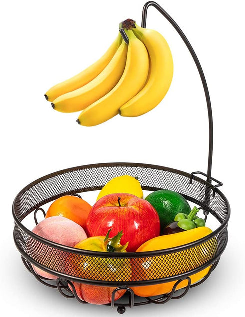 Auledio Fruit Basket Bowl with Banana Tree Hanger, Vegetables Storage Snacks holder Rack Bread Stand