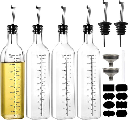 4 Pack Oil Dispenser, YULEER 17oz Transparent Olive Oil and Vinegar Dispenser Bottles Set, Square Graduated Glass Oil Bottle with Leak-proof & Airtight, Control Dosage Nozzle Plug