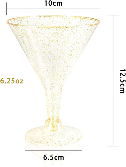 Liacere 24 Pack Gold Glitter Plastic Martini Glasses - 6.25oz Disposable Cocktail Glasses - Plastic Margarita Glasses Perfect for Wedding & Party