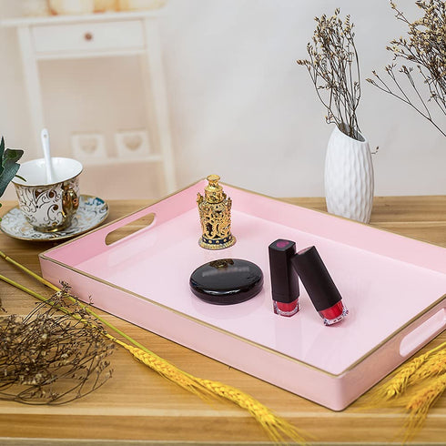 MAONAME Pink Serving Tray with Handles, Modern Decorative Tray for Coffee Table, Plastic Rectangular Tray for Ottoman, Bathroom, Decor, 15.75? x 10.2? x1.57