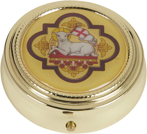 Gold Tone Agnus Dei Lamb of God PYX with Epoxy Lid, 2 1/4 Inch